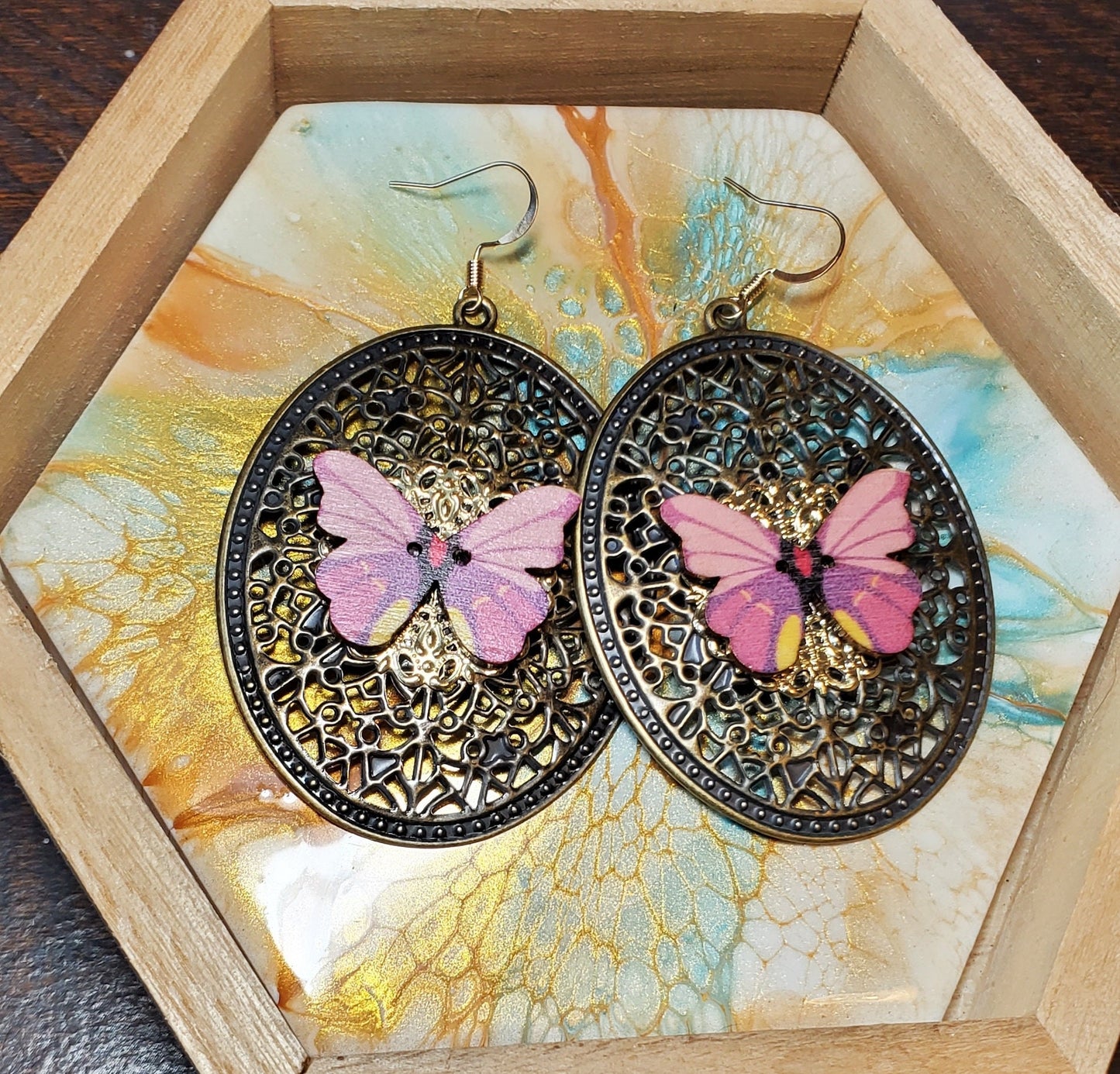 Butterfly Wood Button Filigree Earrings