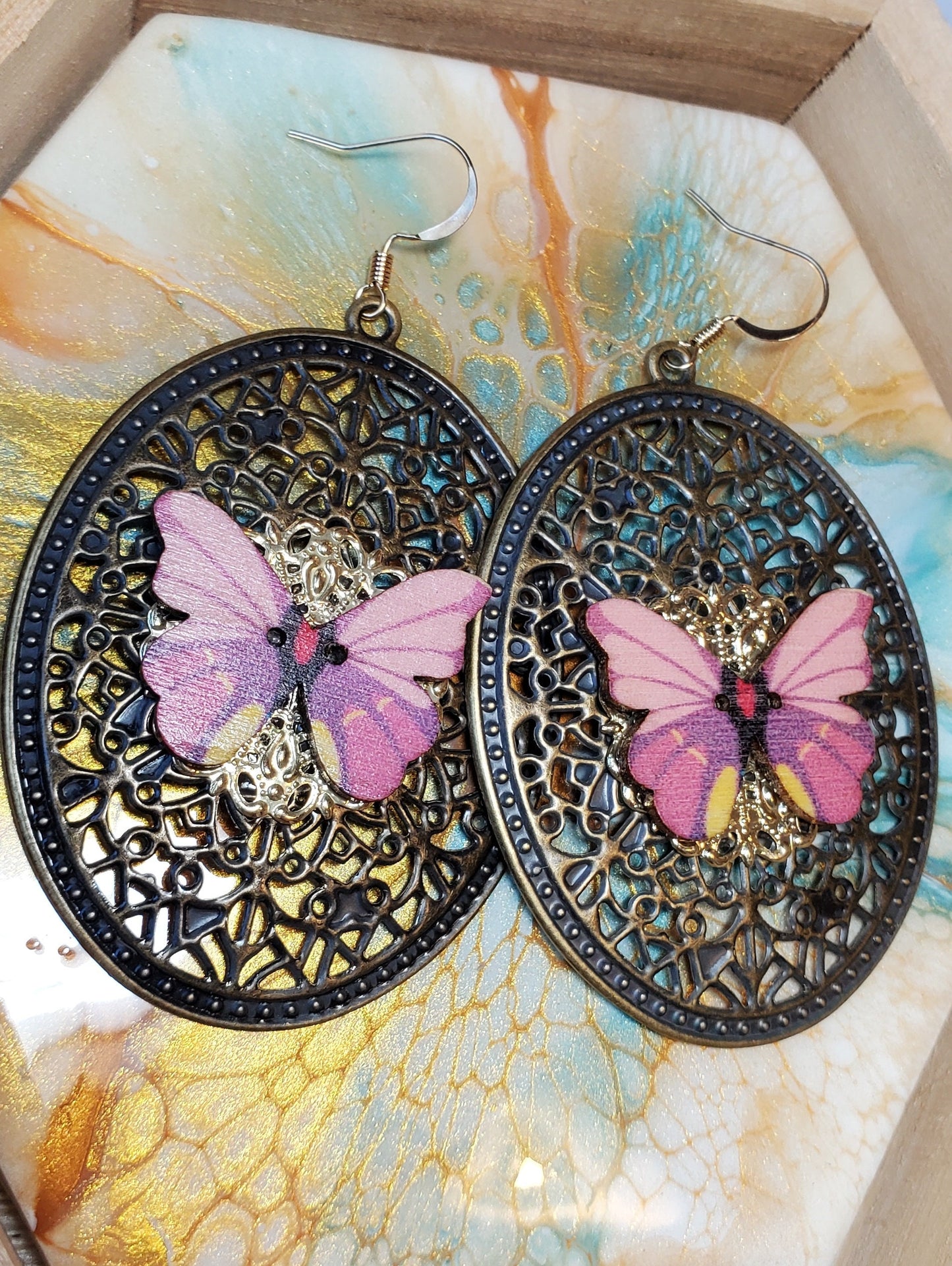 Butterfly Wood Button Filigree Earrings