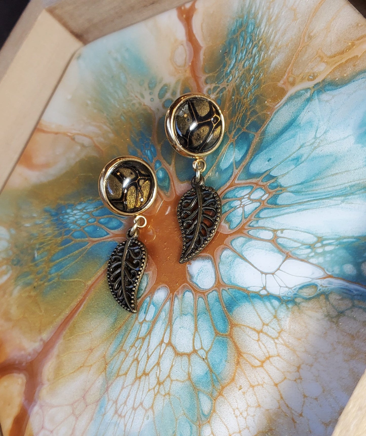 Gold, Black and Bronze Fluid Art and Leaf Stud Drop Earrings