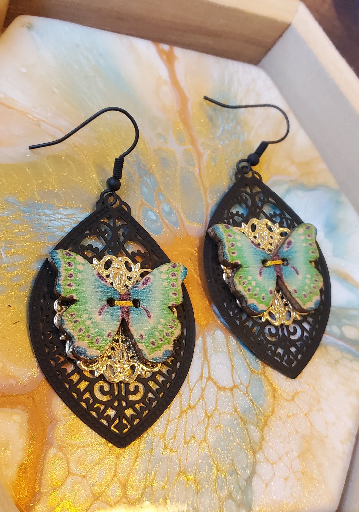 Green Butterfly Wood Button with Gold and Black Filigree Earrings