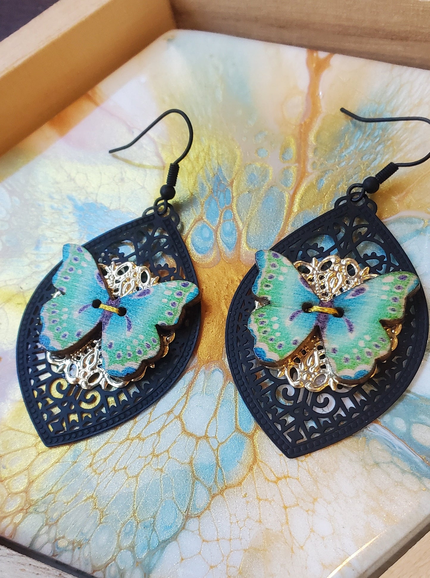 Green Butterfly Wood Button with Gold and Black Filigree Earrings