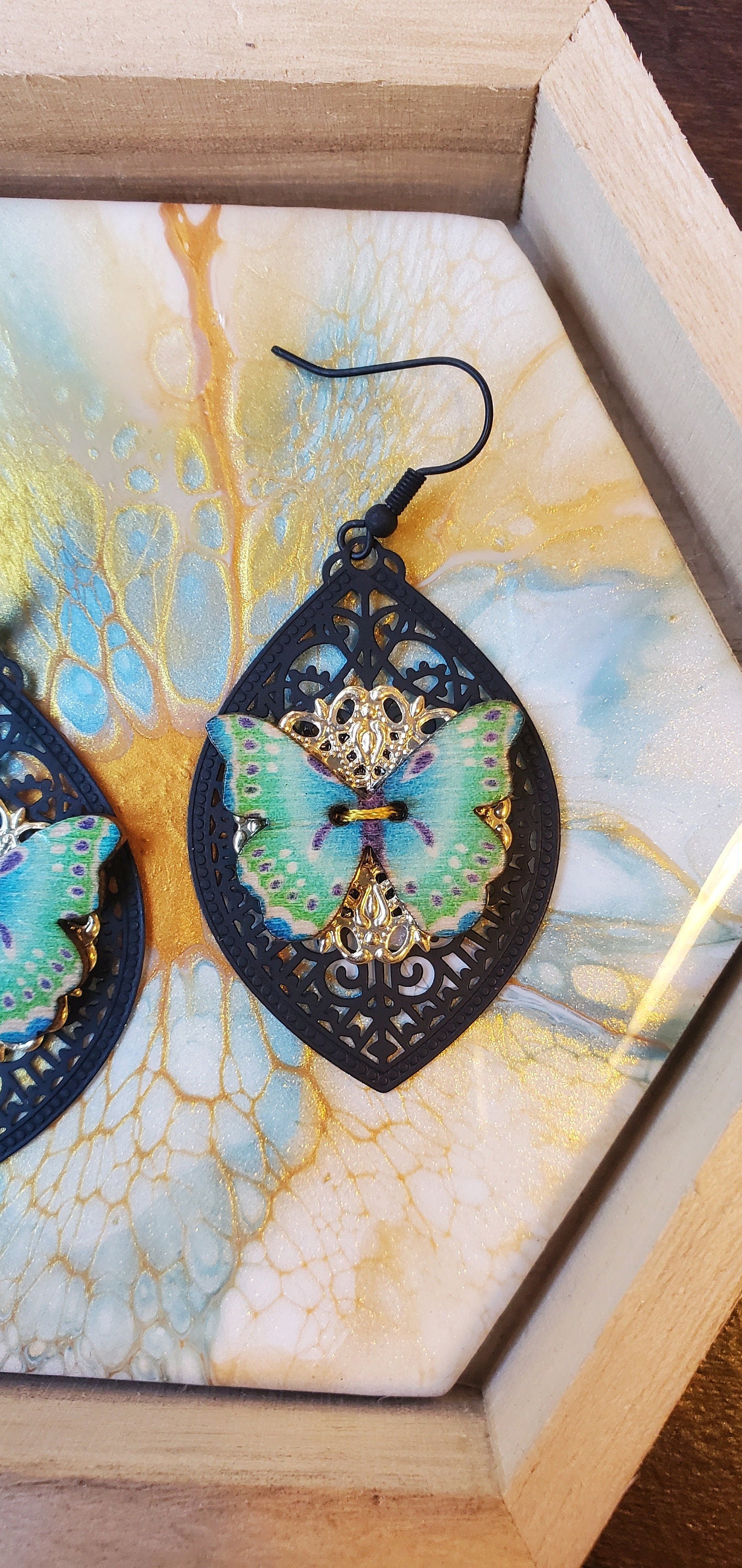 Green Butterfly Wood Button with Gold and Black Filigree Earrings