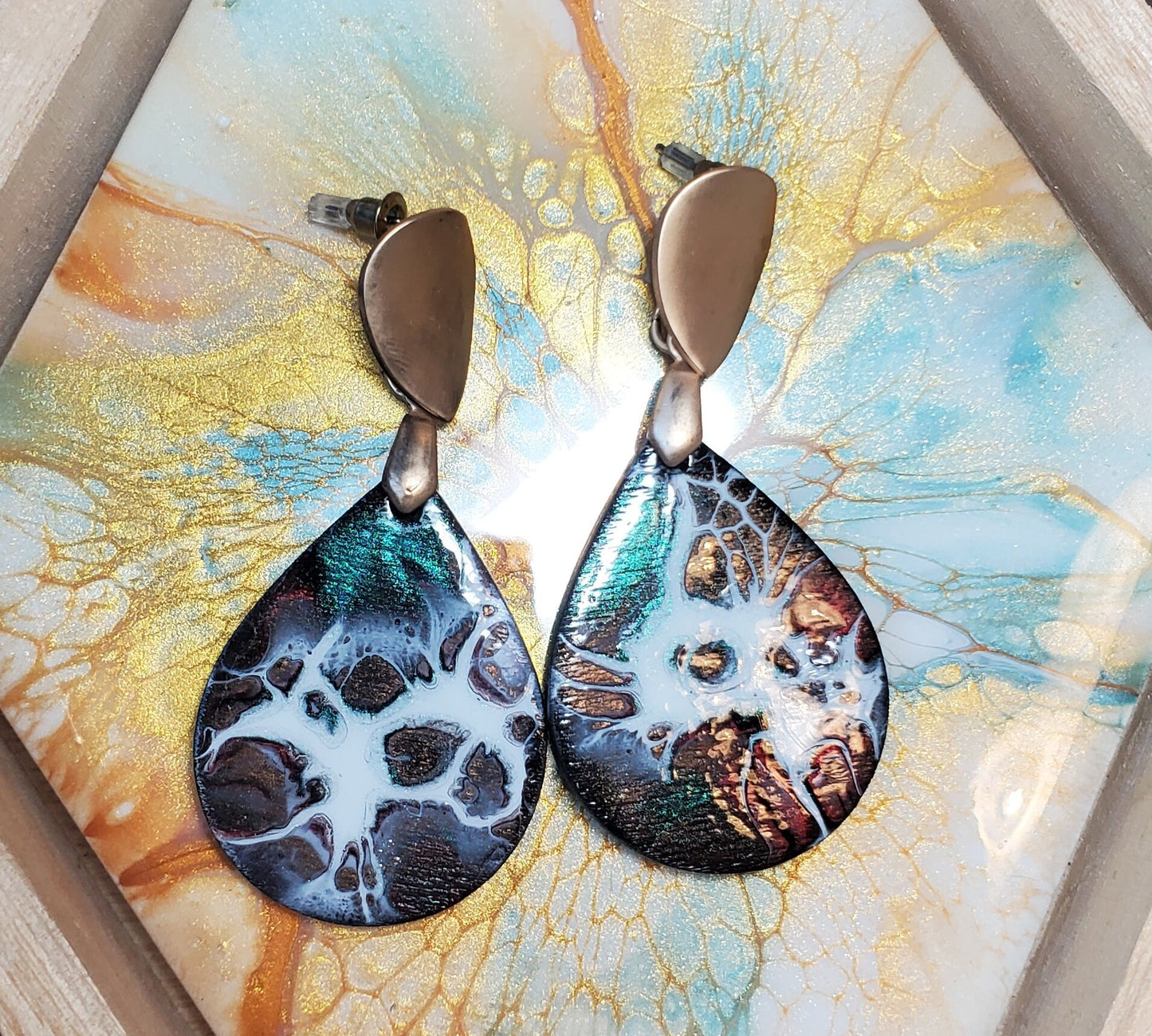 Fluid Art Earrings with Red and Green Chameleon and Gold on Wood