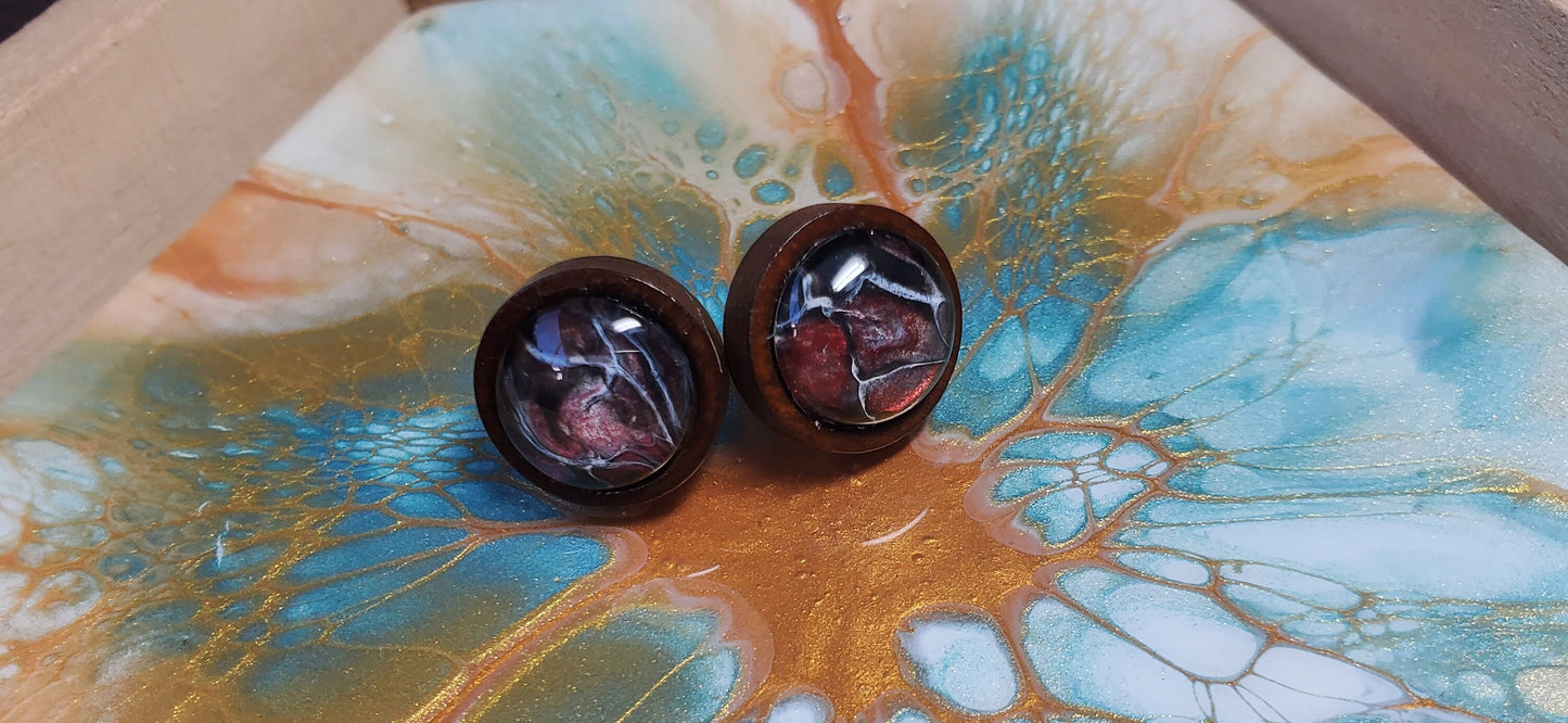 Fluid Art Earrings in Red with Wood Studs