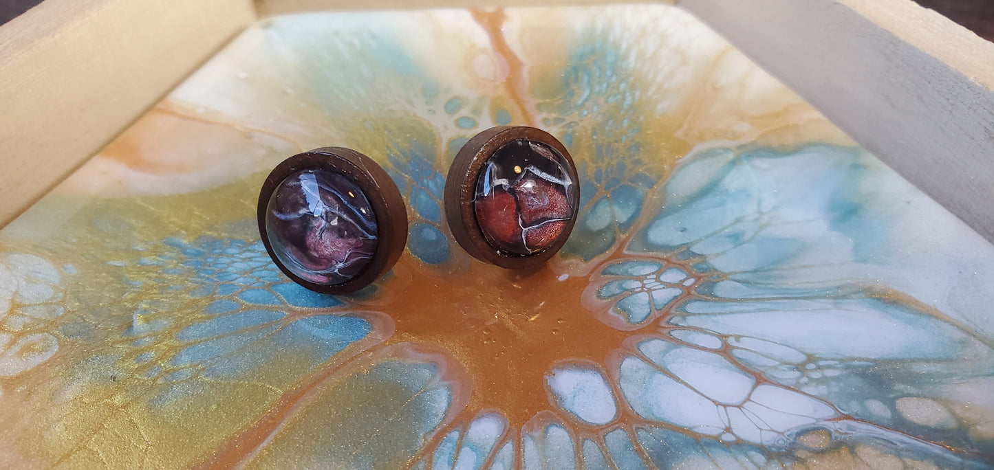 Fluid Art Earrings in Red with Wood Studs