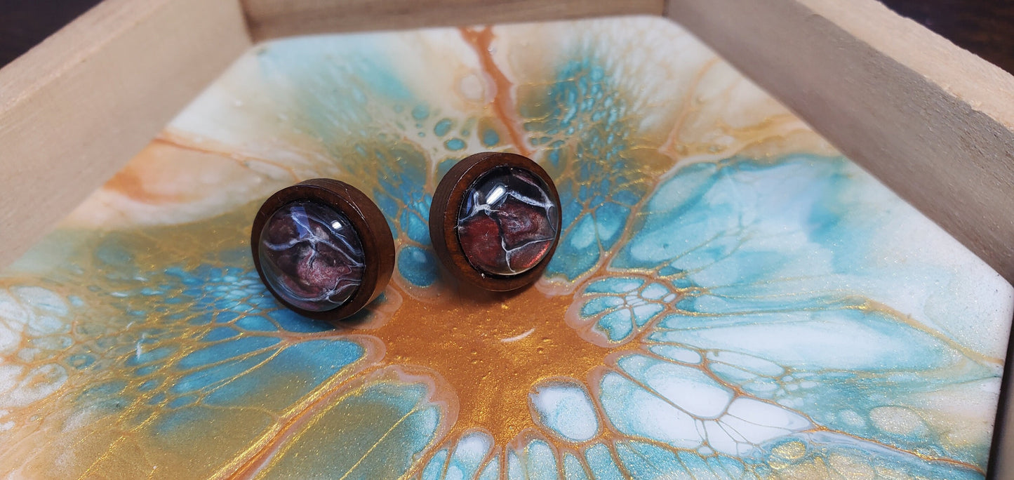 Fluid Art Earrings in Red with Wood Studs