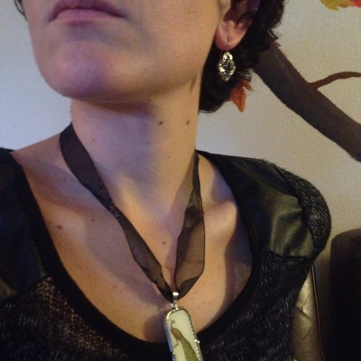 Peacock Pendant Black Ribbon Necklace